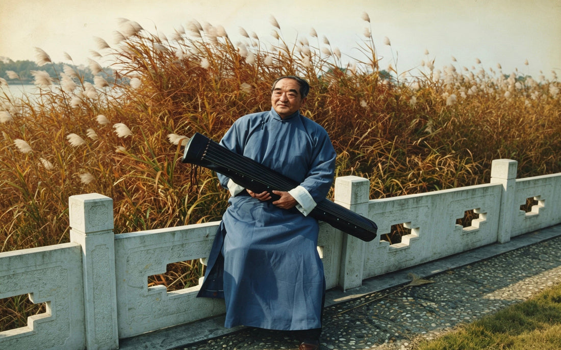 Master Mei Yueqiang holding his guqin beside a river, standing among golden autumn reeds in his blue scholar's robe