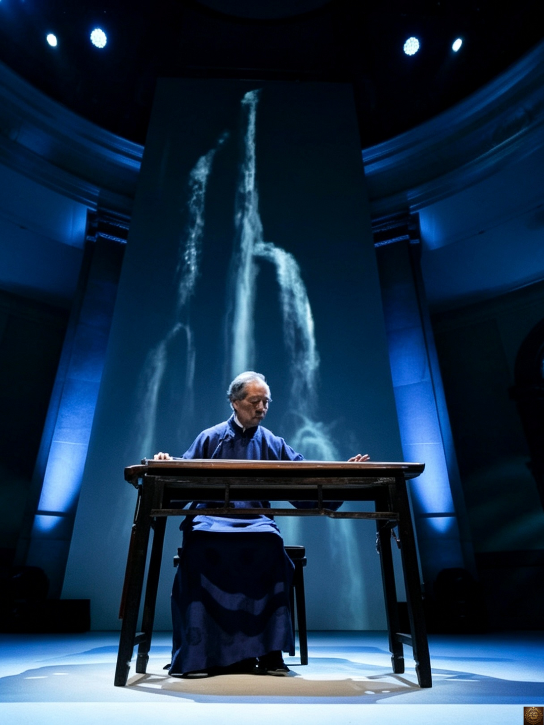 A guqin master seated alone on stage beneath a cascading waterfall projection, bathed in blue light — ancient music meeting contemporary art