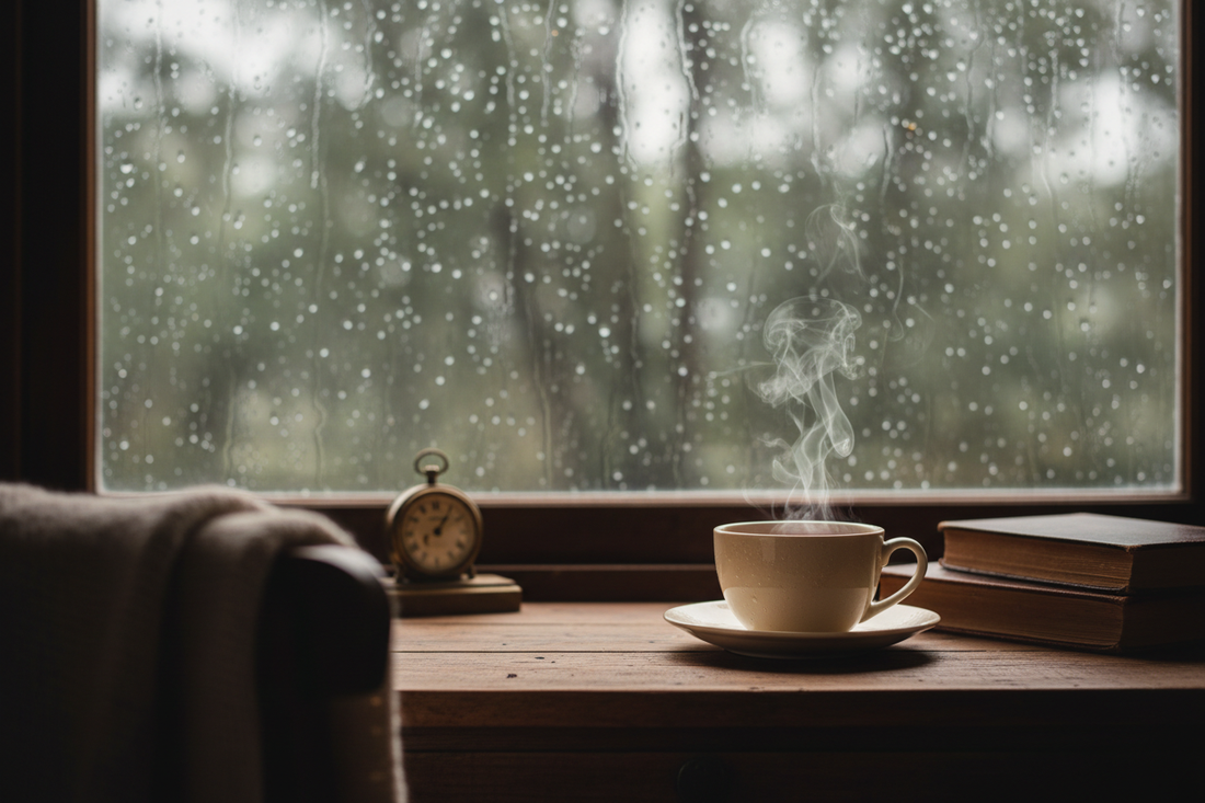 A rainy afternoon, wooden desk by a window with a steaming tea cup, raindrops on glass, soft green outside