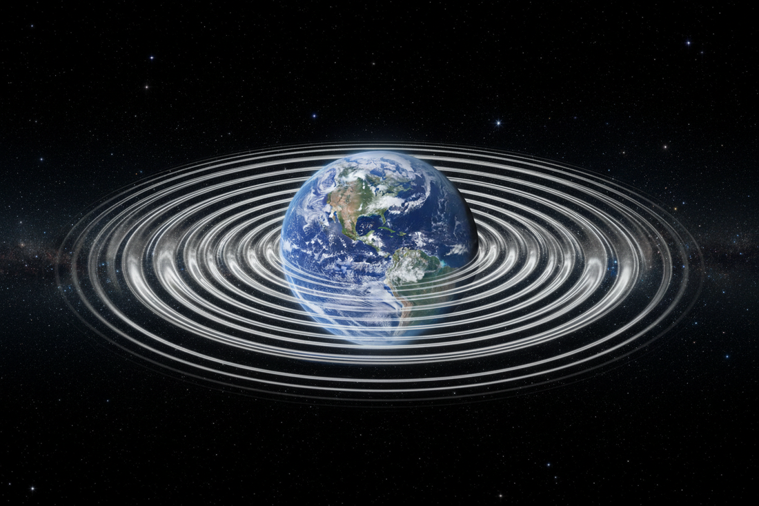 Photorealistic Earth in space emitting concentric radio waves into the universe