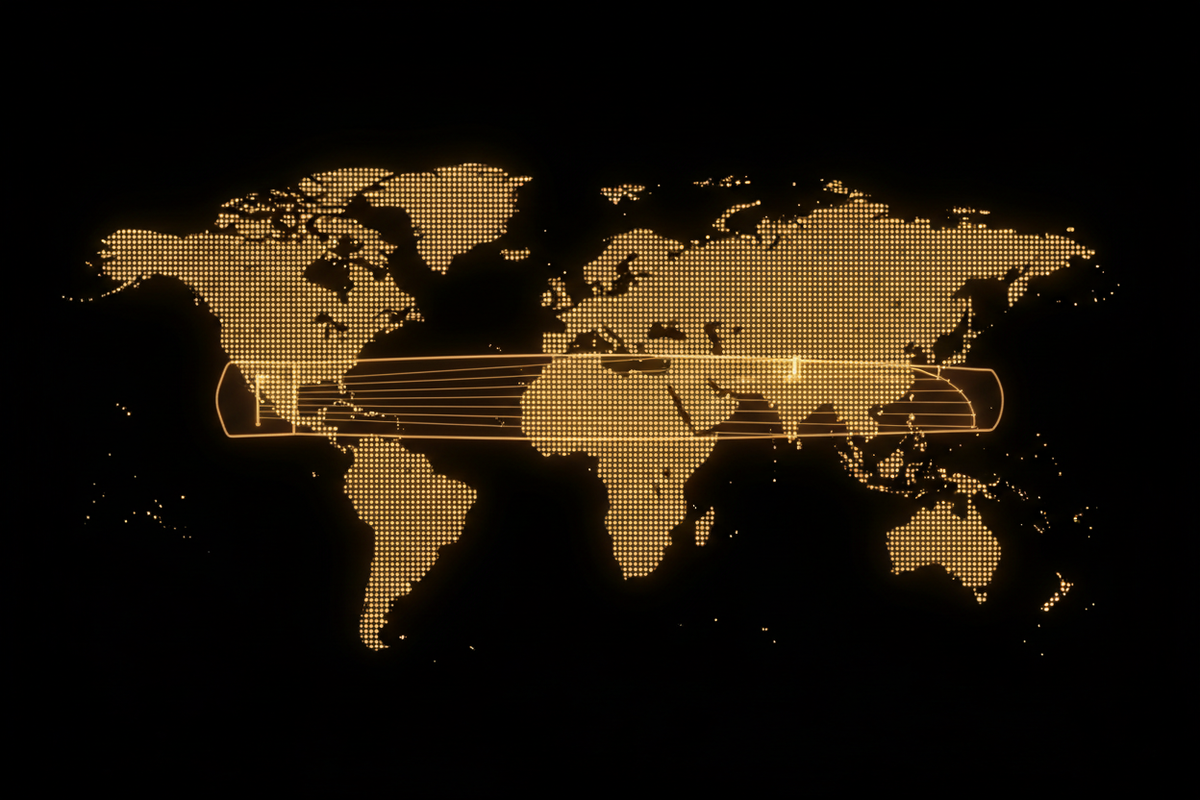 A minimalist world map of glowing dots on dark background with a guqin silhouette overlaid in golden light