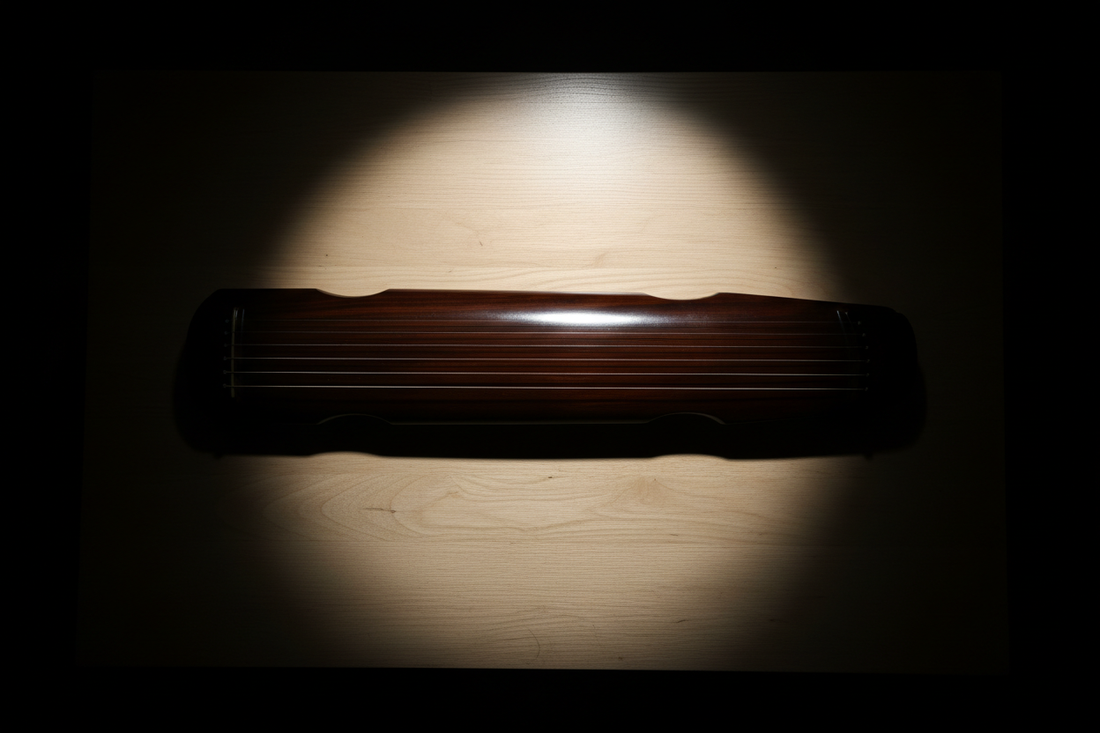 A guqin resting on a wooden table under a single spotlight on a dark empty stage