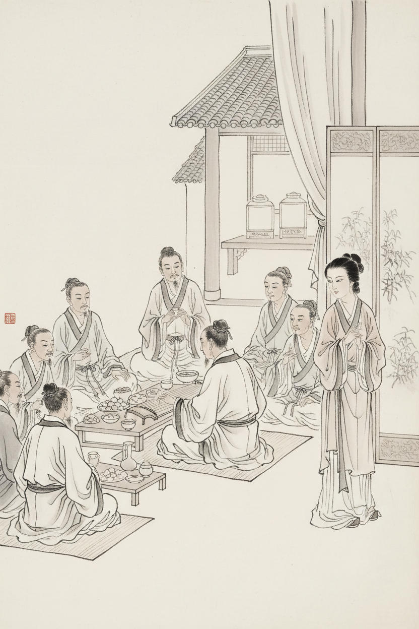 Ink wash painting of Sima Xiangru playing the qin at a banquet while Zhuo Wenjun listens from behind a screen