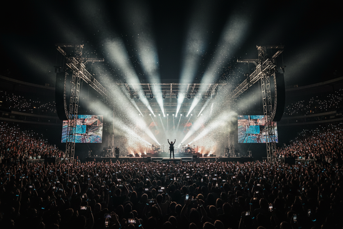 A massive rock concert stage at night with dramatic spotlights and silhouette of a lone guitarist, tens of thousands of audience lights in the darkness