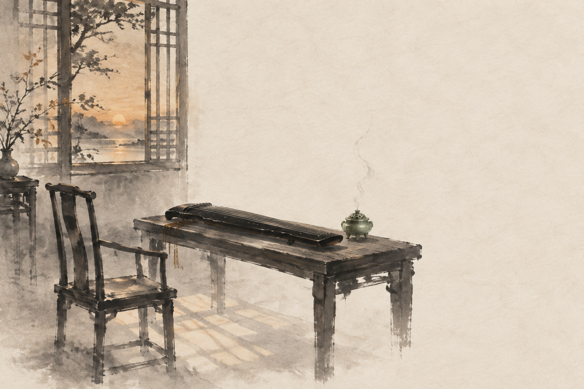 Ink wash painting of a quiet study with a qin on a wooden table, an incense burner with a thread of smoke, and generous blank space