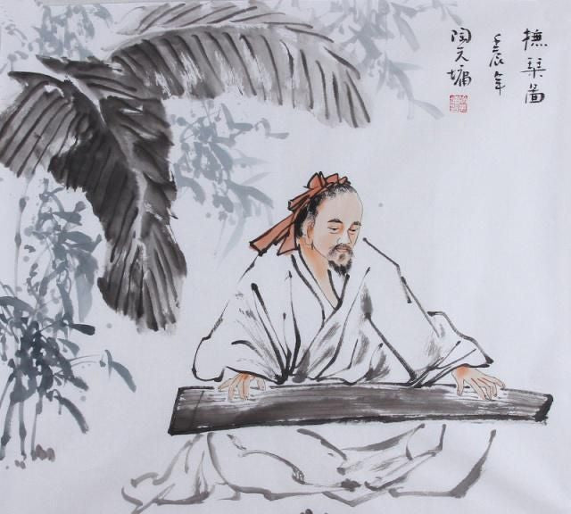 Ink painting of a seated qin player beneath a large bird in flight