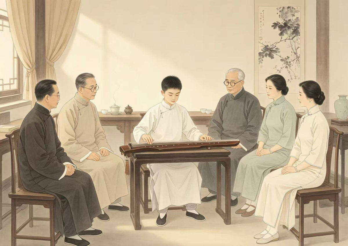 A young guqin student plays surrounded by five teachers in Republican-era China