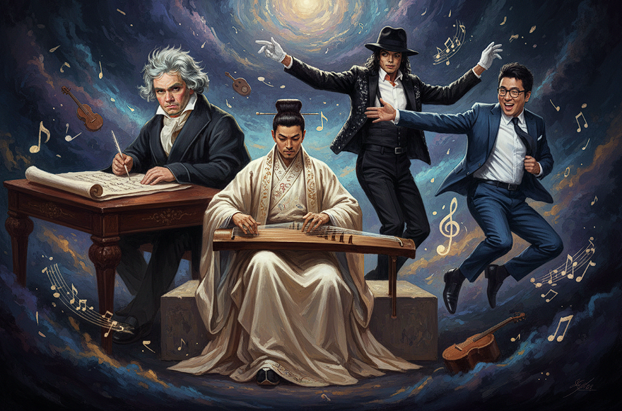 AI-generated cover image showing Ji Kang, Beethoven, Michael Jackson and PSY — four musicians across eighteen centuries