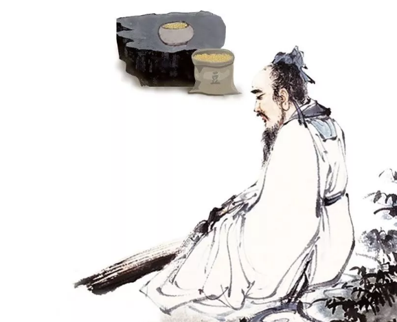 Ink painting of a historical qin player seated by his instrument, with a bowl and sack of beans behind him