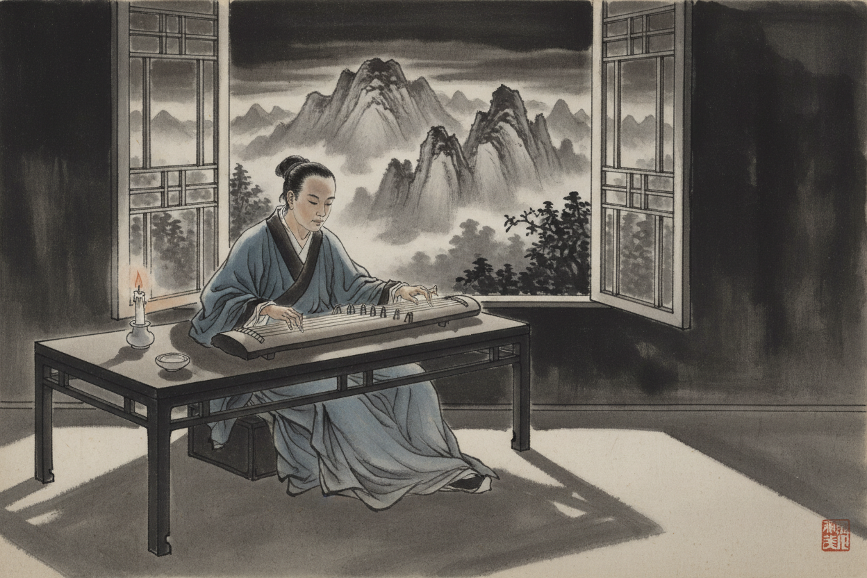 Playing the Guqin at Night