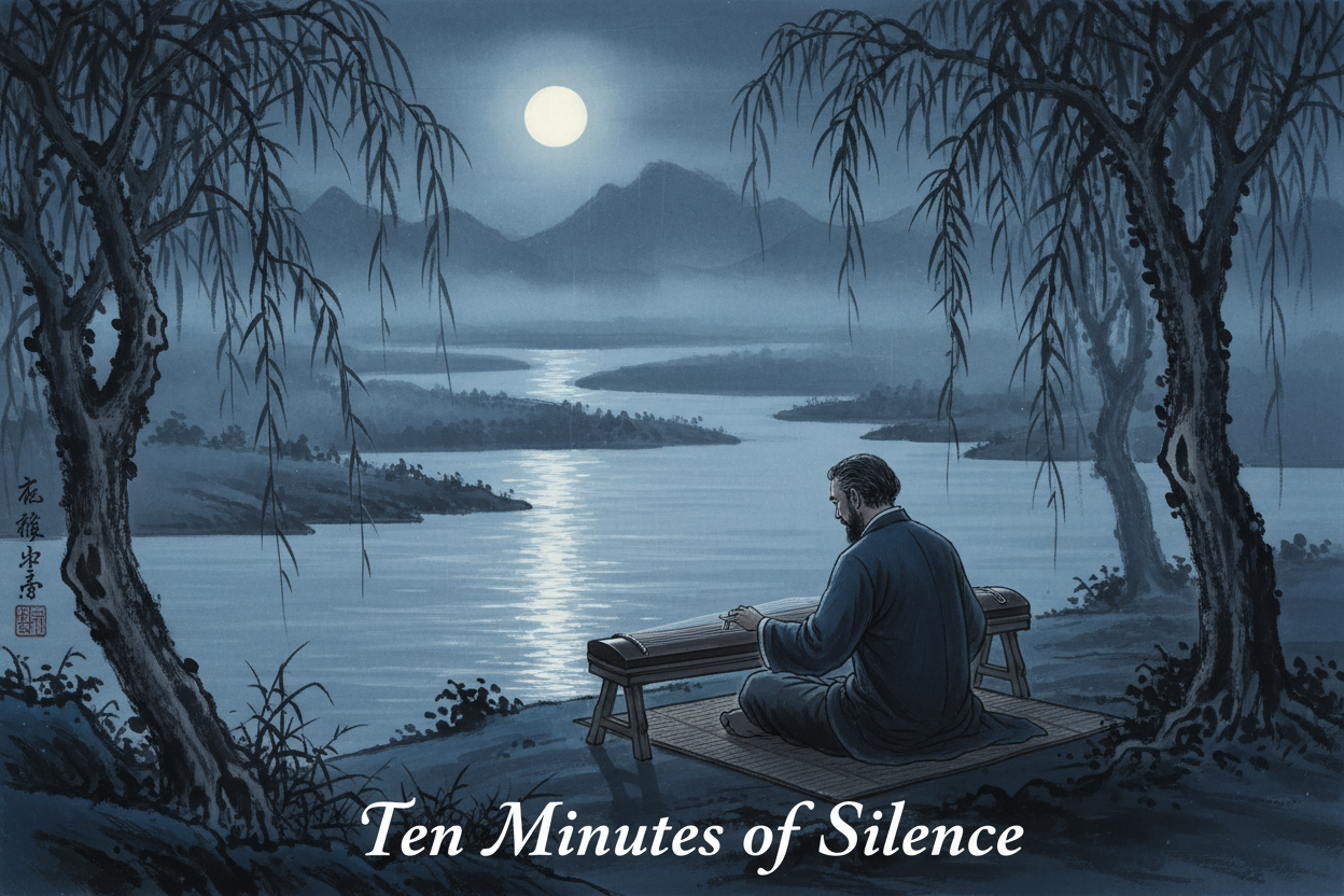 A Western man plays guqin alone by a moonlit river — ink painting style, contemplative and serene