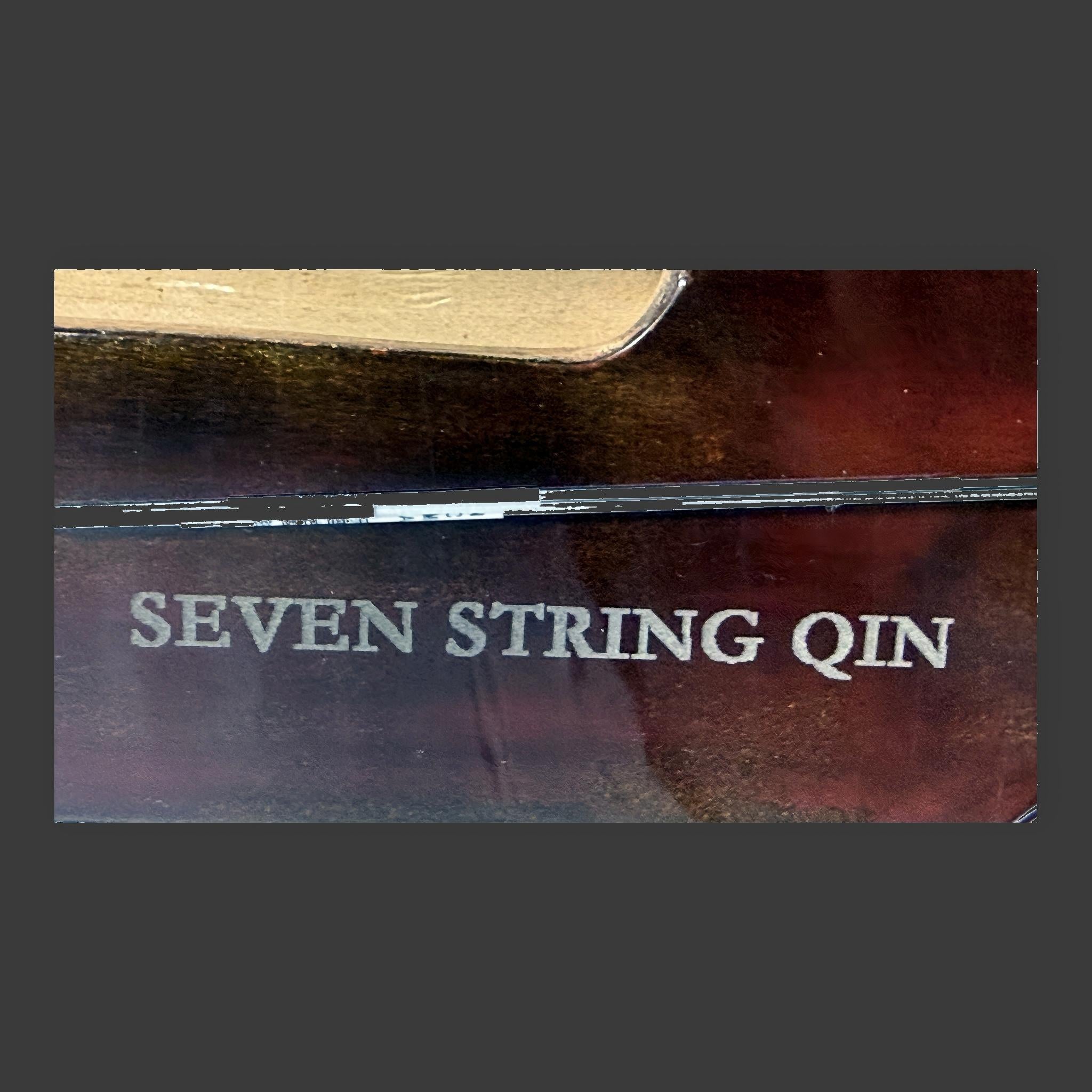 Jiuxiao Huanpei guqin – detail of English label markings on the body