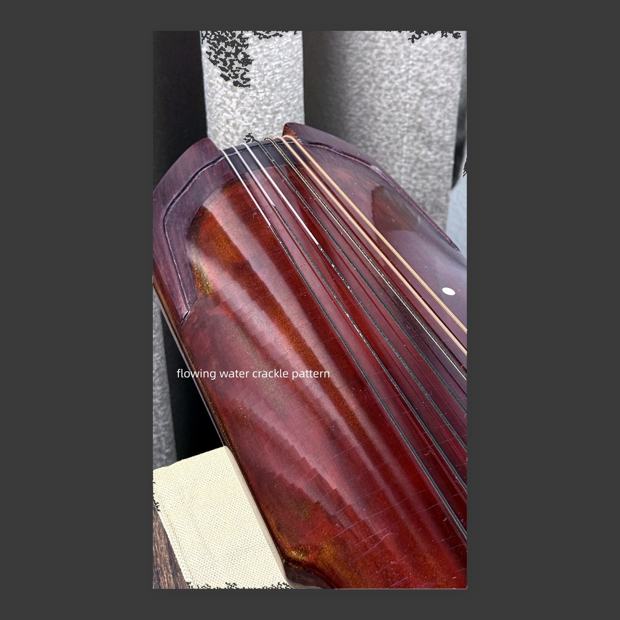 	Jiuxiao Huanpei guqin – close-up of upper nut and head surface lacquer detail