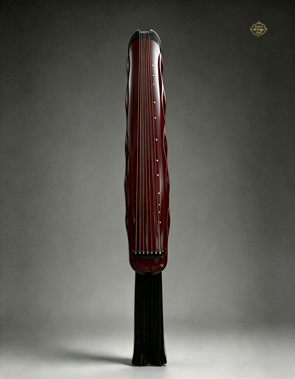 Banana Leaf guqin – full view, deep red lacquer finish, handcrafted