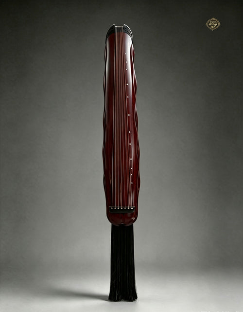 Banana Leaf guqin – full view, deep red lacquer finish, handcrafted