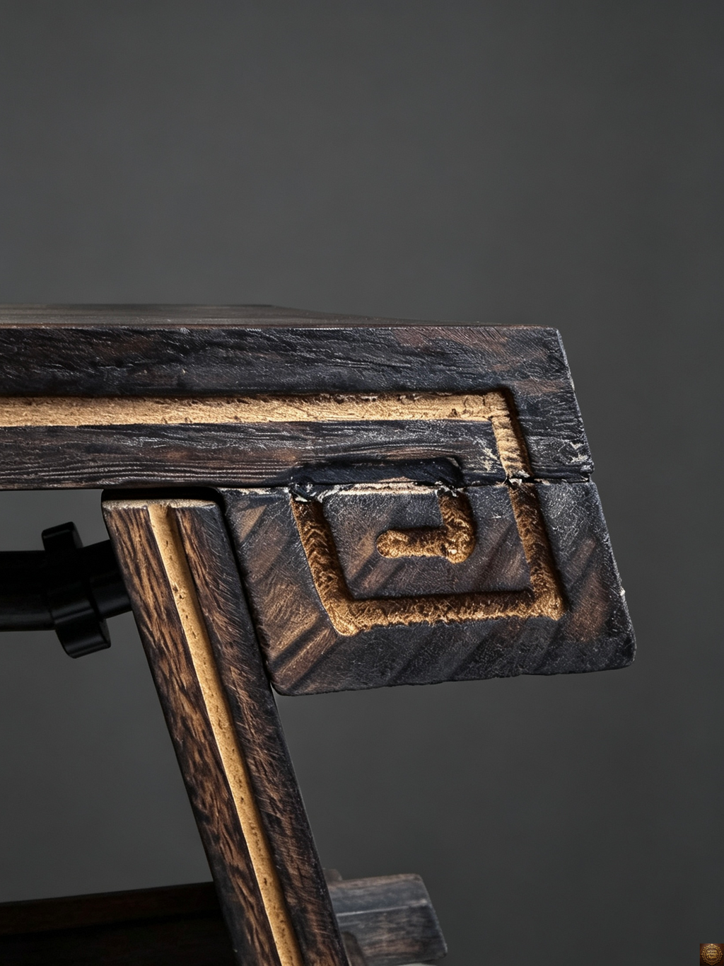 Guqin table runner – ink-wash landscape pattern with crane motif on grey linen, laid flat on black solid wood table