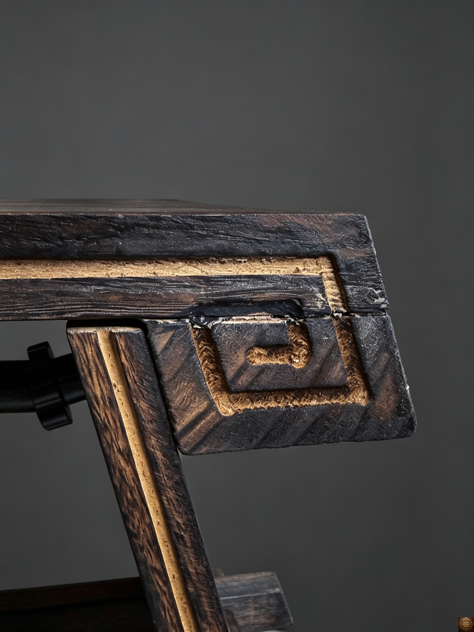 Guqin table runner – ink-wash landscape pattern with crane motif on grey linen, laid flat on black solid wood table