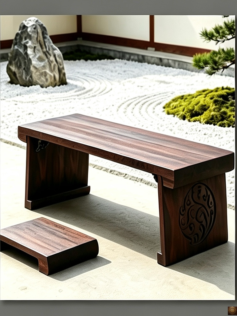 Foldable low guqin table – close-up of metal folding hinge mechanism on underside of dark walnut wood table leg