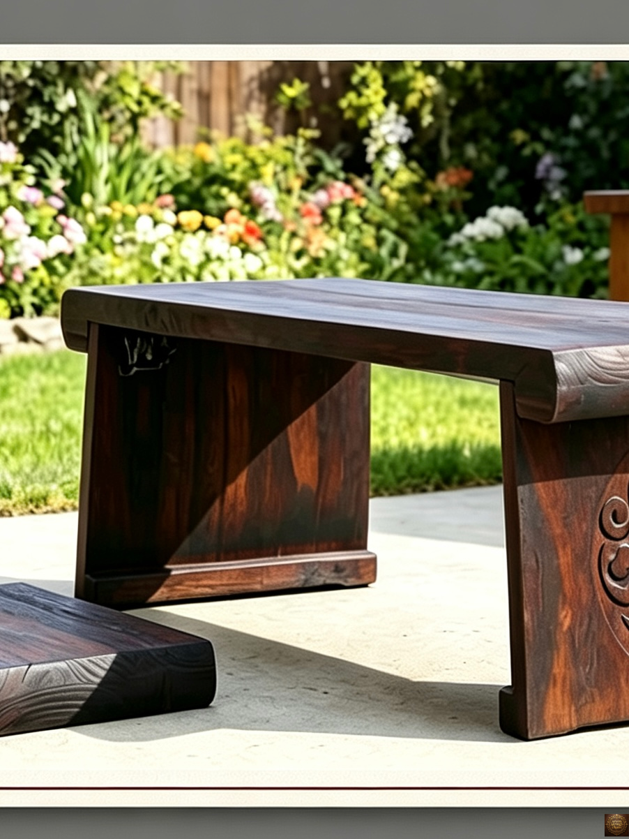 Foldable low guqin table – close-up of traditional circular cloud pattern carving on dark walnut side panel