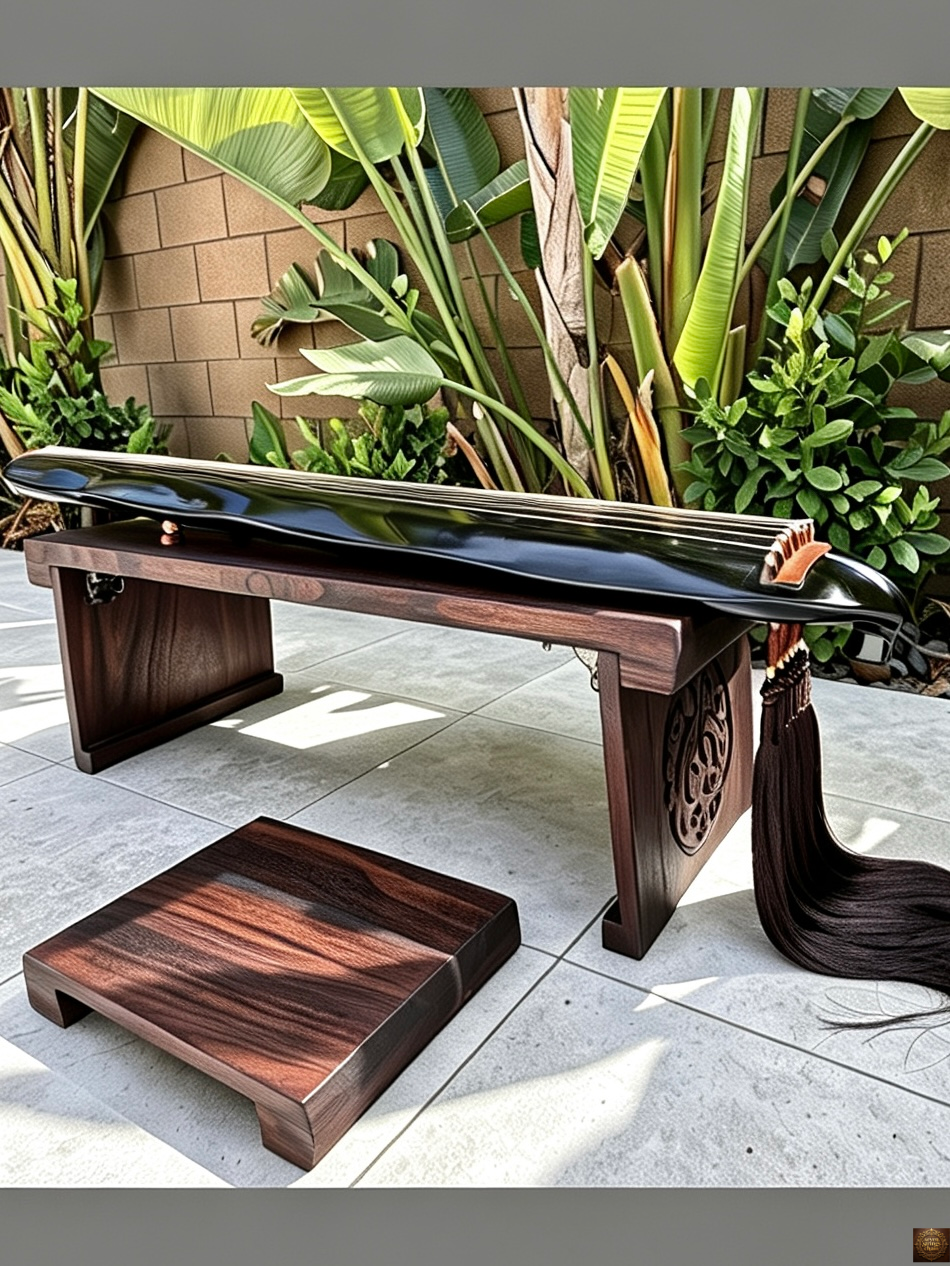 	Foldable low guqin table – three-quarter view on wooden deck, dark walnut finish with carved side panels, bench folded beside table