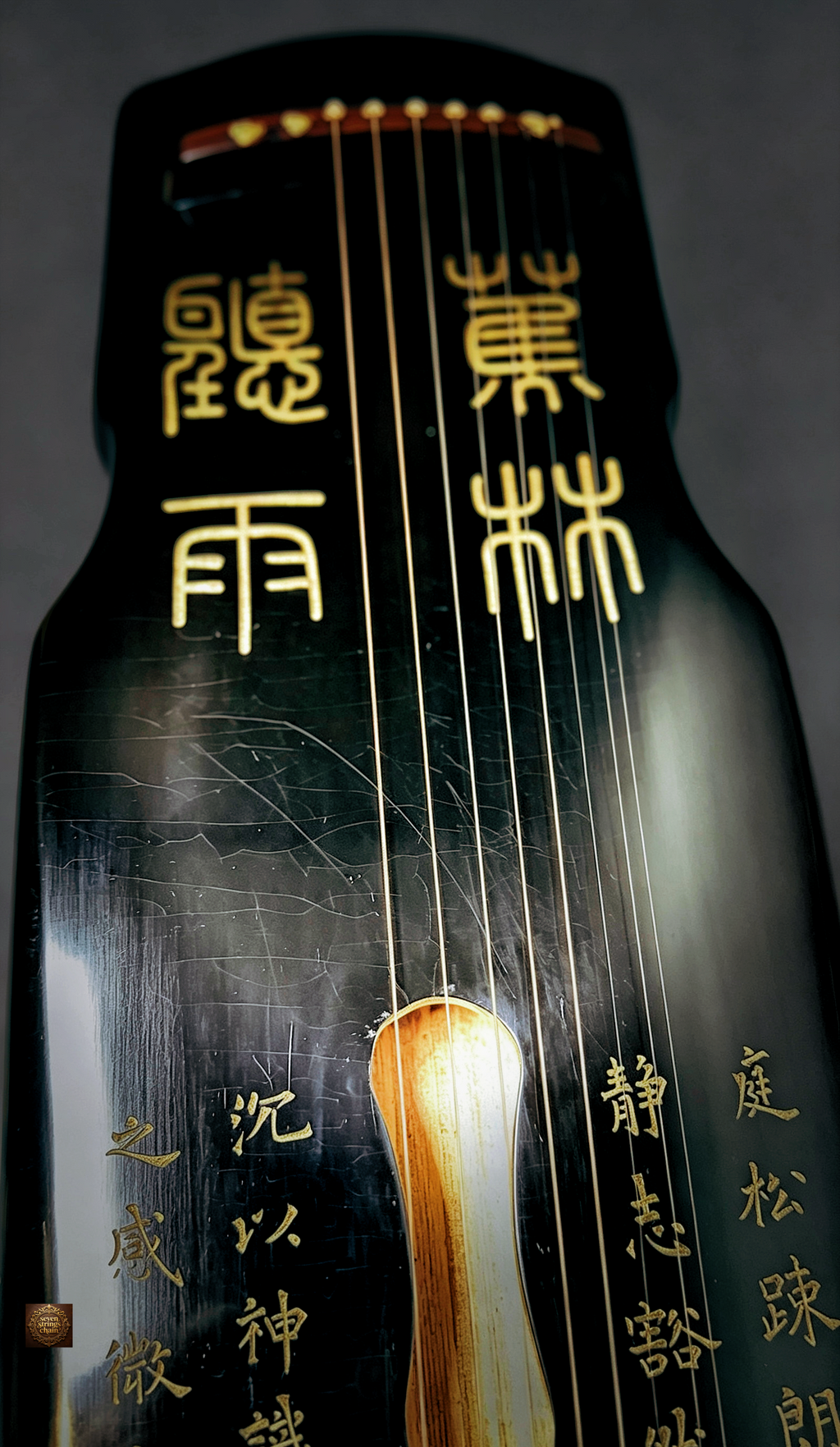 Jiaolin Tingyu Guqin – upper body close-up showing gold-inlaid name "蕉林听雨" and classical inscriptions