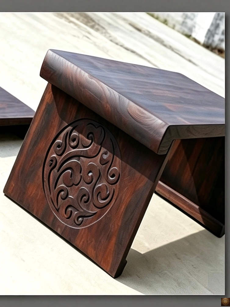 Foldable low guqin table – side profile view showing elegant curved tabletop edge and carved circular motif on panel