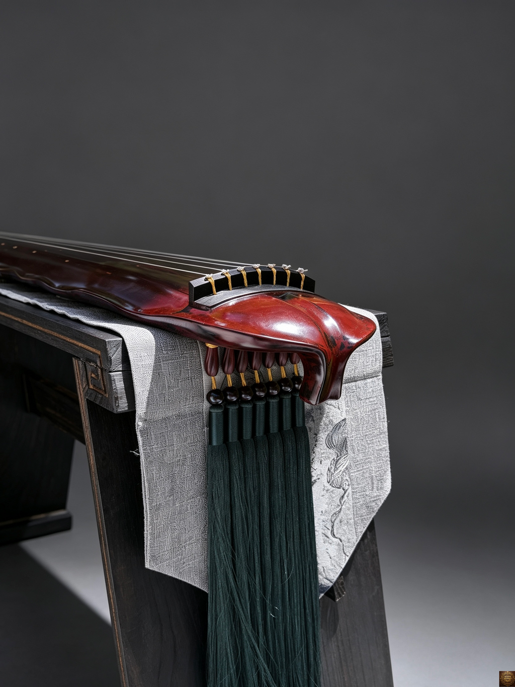 Detachable guqin bench – three-quarter view showing black solid wood construction with traditional joinery and gold-edged corner detail