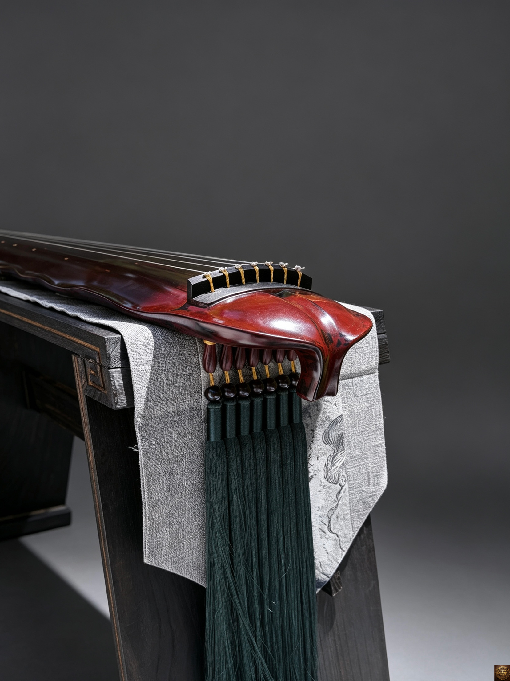 Detachable guqin bench – three-quarter view showing black solid wood construction with traditional joinery and gold-edged corner detail