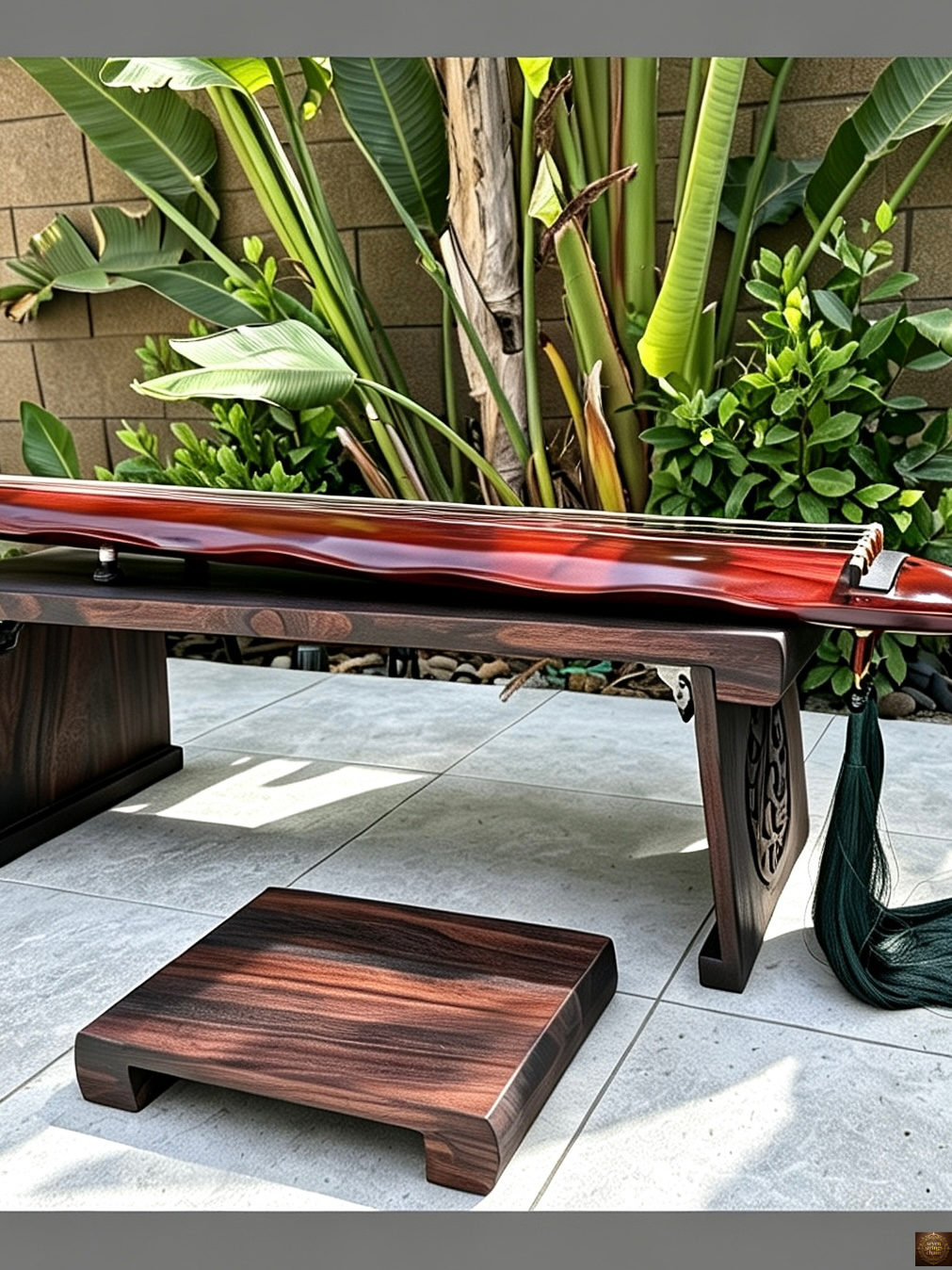 Foldable low guqin table – close-up of brass folding hinge bracket connecting table top to leg, dark walnut wood grain visible