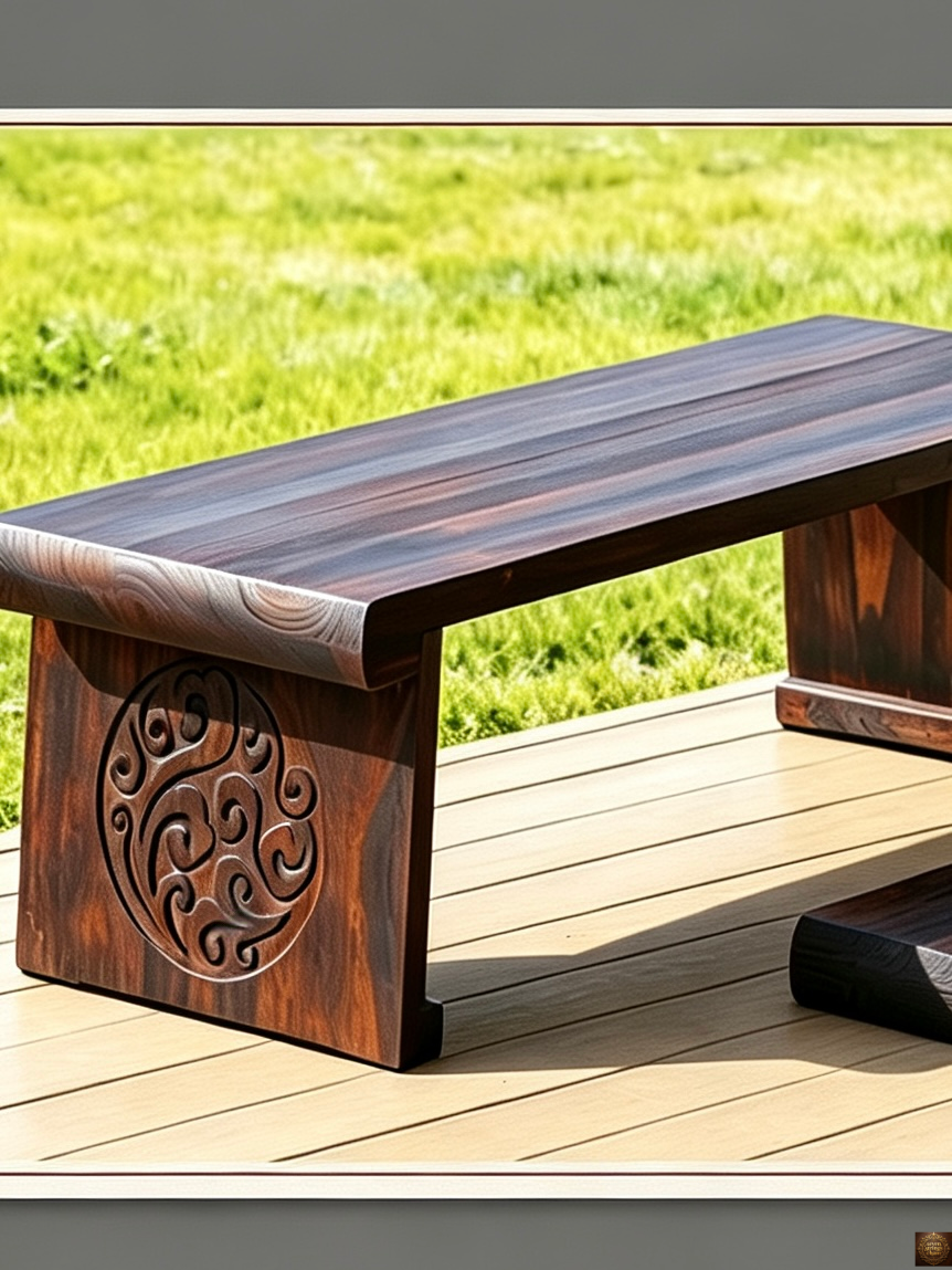 Foldable low guqin table – front three-quarter view showing full table with carved side panels and smooth dark walnut surface