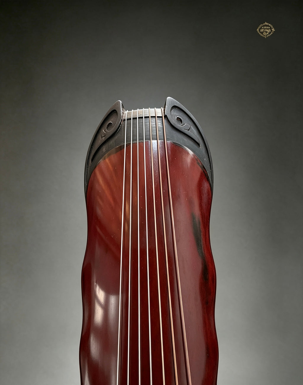 Banana Leaf guqin – upper nut and strings from slightly elevated angle