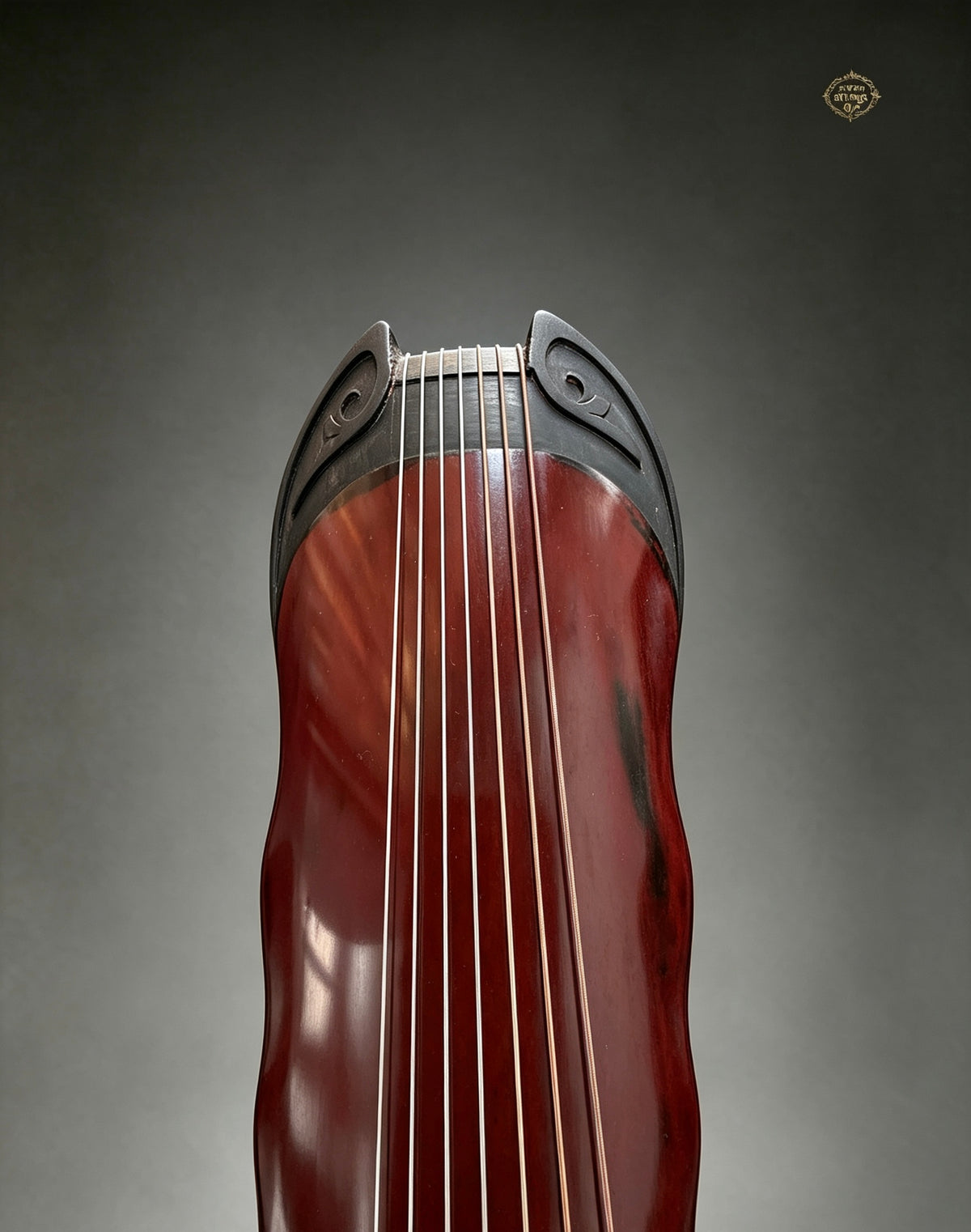 Banana Leaf guqin – upper nut and strings from slightly elevated angle