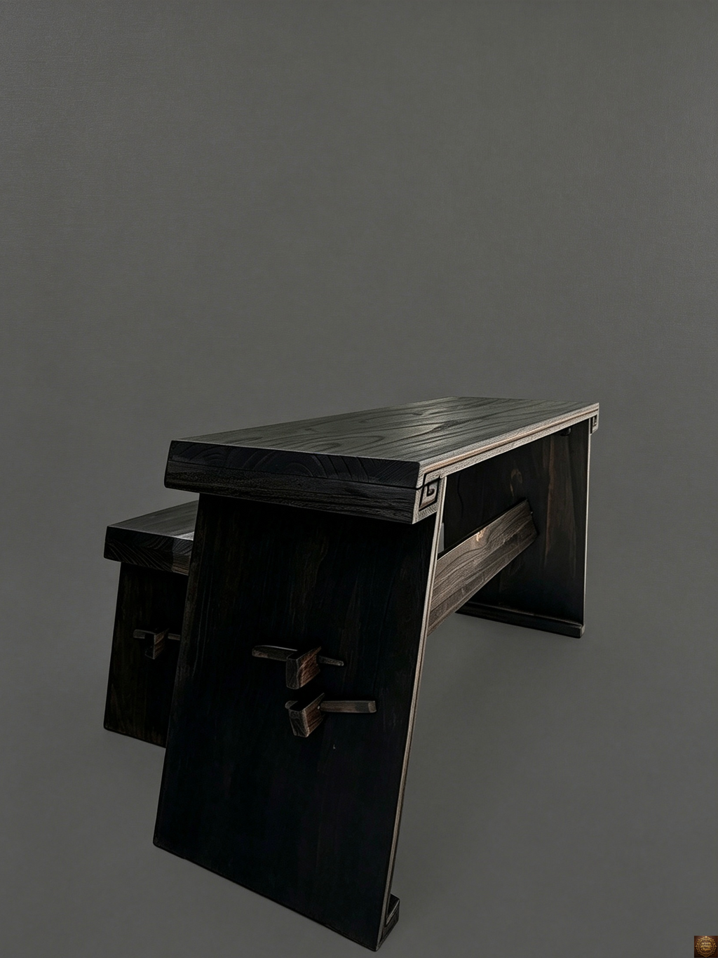 	Detachable guqin table and bench set – side profile view showing full table height with guqin resting on top, no table runner