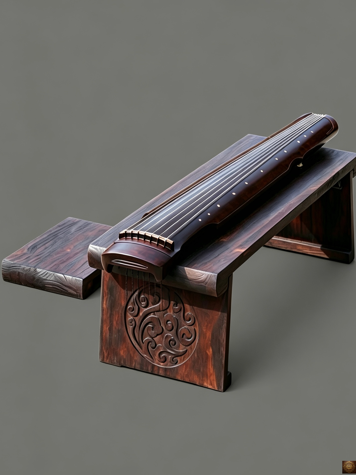 Foldable low guqin table and bench set – dark walnut solid wood, black lacquer guqin resting on table, bench placed in front, outdoor garden setting