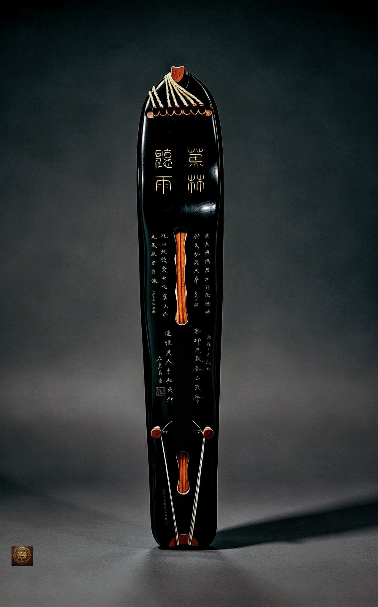 Jiaolin Tingyu Guqin – full front view, aged black lacquer with ice-crack craquelure pattern