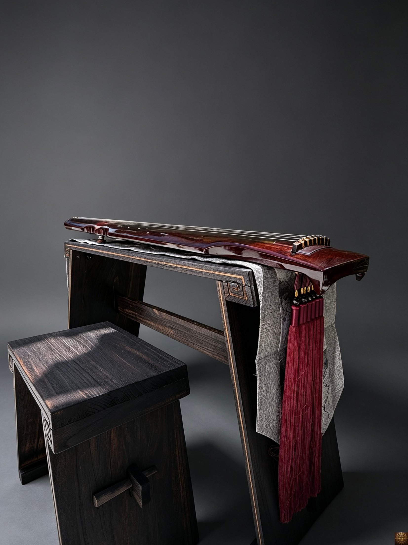 Detachable guqin table – close-up of traditional carved corner joint with gold-edged black lacquer finish and wood grain texture