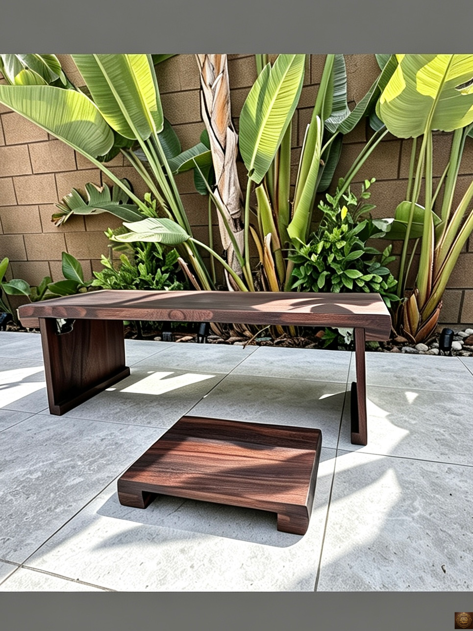 Foldable low guqin table and bench set – side view with red lacquer guqin on dark walnut table, green silk tassel hanging, bench in foreground